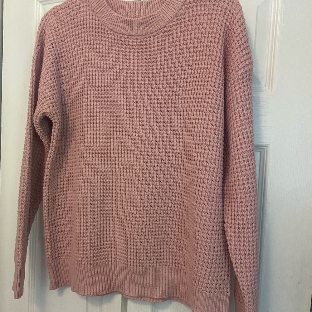 Time and Tru Waffle Knit Crewneck Sweater - Dusty Pink